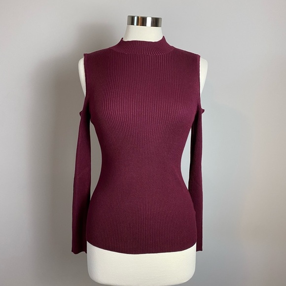 NWTs Maroon Burgandy Cold Shoulder, Cut-Out, Feminine, Ribbed, Fitted Sweater - Picture 2 of 9
